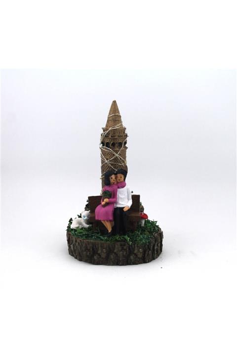 Mefu Home Ikili Kütük Üzerinde Işıklı Galata Kulesi Ve Bankta Oturan Sevgili Temalı Teraryum Pembe