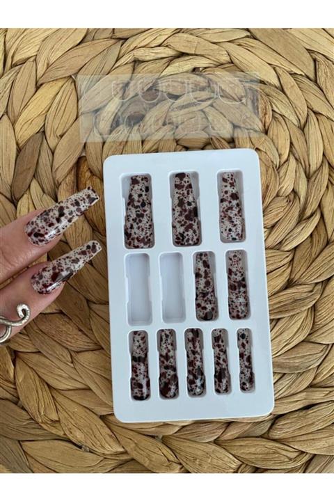 SYBELLE KOZMETİK 12adet Beyaz Kahve Desenli Balerin Takma Tırnak
