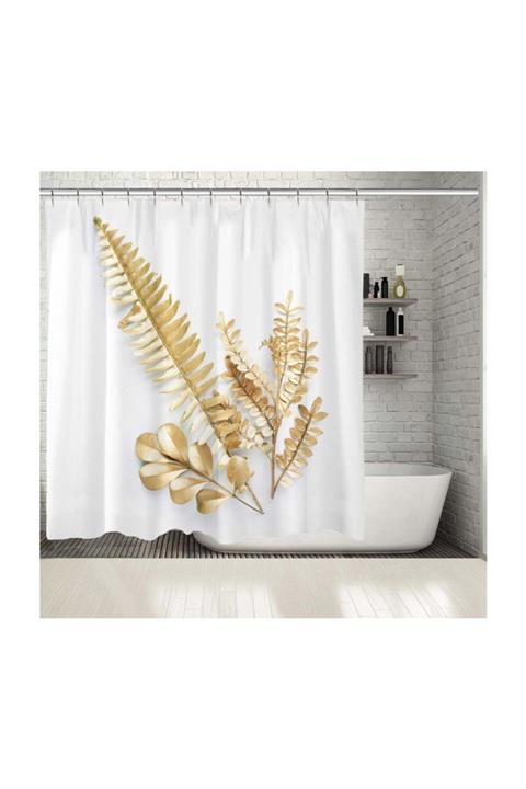 Henge Home Baskılı Duş Perde Altın Yaprak Beyaz Arka Plan Desenli