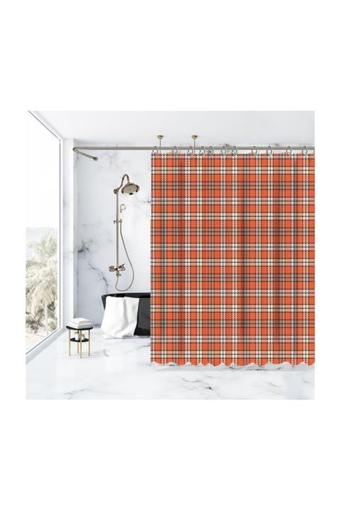 Henge Home Noel Oranj Kahve Bej Tartan Ekose Desenli Duşperdesi