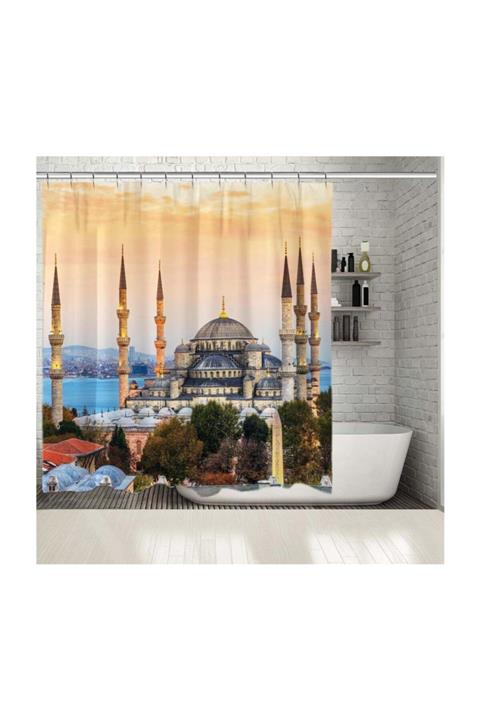 Henge Home Baskılı Duş Perde Sultanahmet Camii Manzarası Desenli