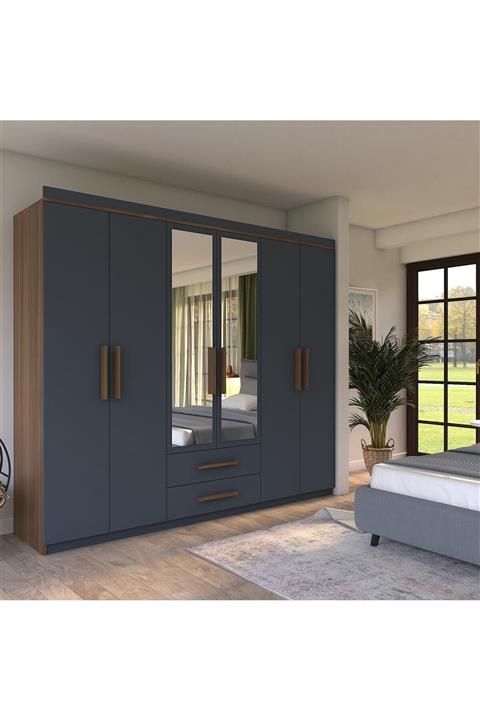 Metalia Gm820 Armina Lüx 6 Kapı 2 Çekmeceli Aynalı Gardrop Ceviz-Antrasit Gri Dolap