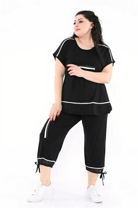 VAVADİ Fermuar Detaylı Siyah Beyaz Büyük Beden Kapri Takım