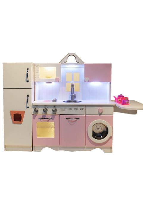 trendavm Ahşap Mutfak Oyuncak Led Işıklı, Işıklı Ocak Ve Tampurlu