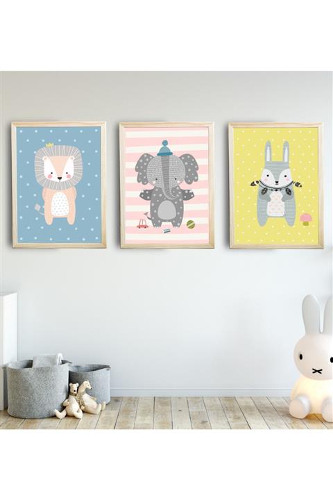 SUNNYFUNNYKIDS Bebek Çocuk Odası Tablo Sevimli Hayvanlar 3'lü Naturel Renk Doğal Ahşap Çerçeveli Set 30x40 Cm