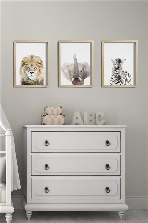 Canvartie Doğal Ahşap Çerçeveli Bebek Ve Çocuk Odası Duvar Tablosu Aslan - Fil - Zebra