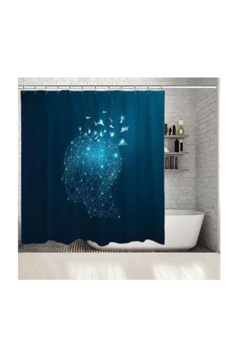 Henge Home Baskılı Duş Perde Geometrik Kafa Işıltılı Nokta Desenli Mavi