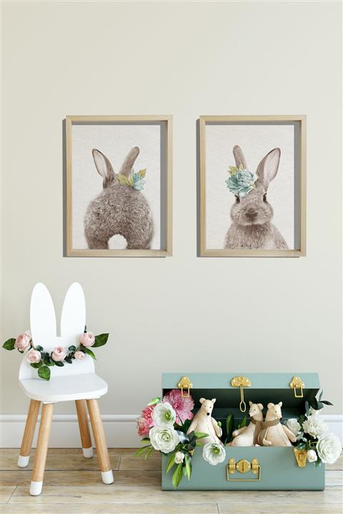 Canvartie Doğal Ahşap Çerçeveli Bebek Ve Çocuk Odası Duvar Tablosu Mavi Çiçekli Tavşan