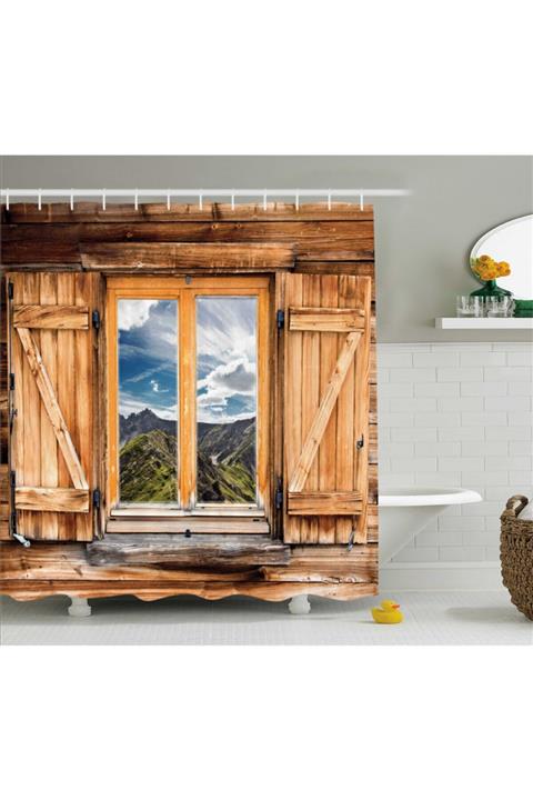 Orange Venue Doğa Duş Perdesi Ahşap Pencere Ve Dağlar