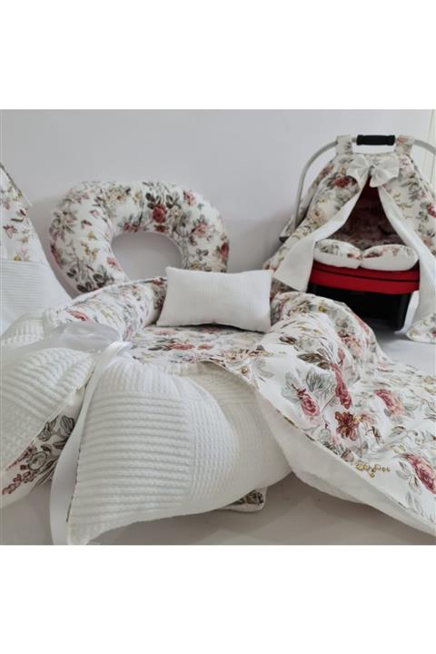 babynestdunyasi Beyaz Pike - Çiçek Babynest Seti