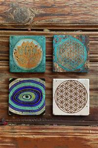 Oscar Stone Decor Taş Bardak Altlığı Stone Coasters - 4lü Set Lotus Çiçeği Yaşam Çiçeği Nazar Göz