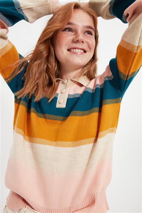 TRENDYOLMİLLA Pudra Renk Bloklu Polo Yaka Triko Kazak TWOAW22KZ0193