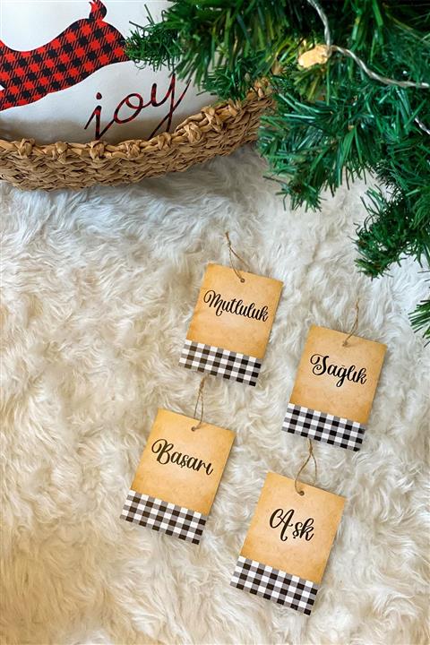 Gift and Story 4'lü Takım Dilek Kartları Yılbaşı Ağaç Süsü Siyah Beyaz Pötikare Set