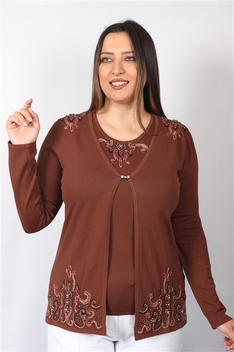 Sude Kadın Kahve Swarovski Taş Ve Boncuk Işlemeli Ithal Triko Takım 7224