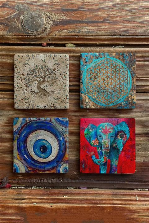 Oscar Stone Decor Taş Bardak Altlığı Stone Coasters - 4lü Set Hayat Ağacı Fil Yaşam Çiçeği