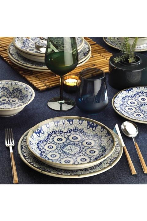 Kütahya Porselen Mavi Teos Çukur Yemek Tabağı Takımı 6'lı 21 cm