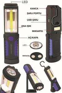 Calido Elektronik Wt-293 Şarjlı Mıknatıslı Oto Güçlü Led Lambası Kancalı Usb Girişli Işık Çalışma Feneri Işıldak Ampül