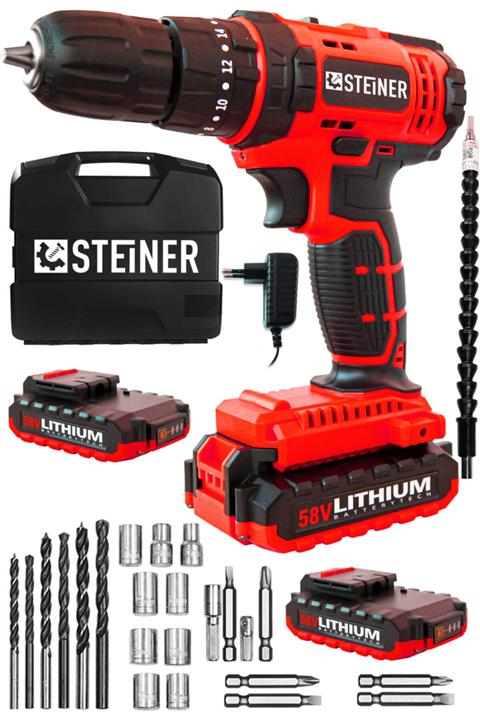 STEİNER Germany Technology Darbeli 58 V 5 Ah Metal Şanzıman Çift Akü Şarjlı Vidalama Matkap Red Set
