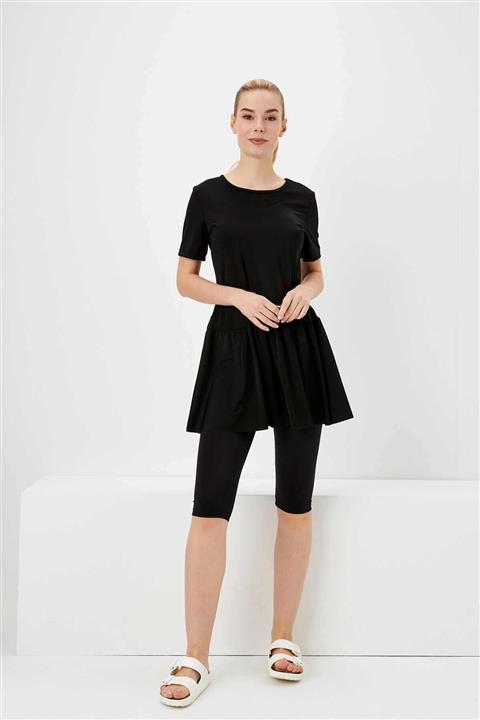 Haşema Yarım Kol Etekli Siyah Havuz Mayo