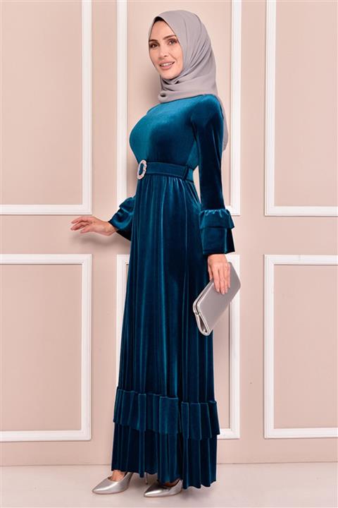 ModaMerve Kemerli Kadife Elbise Petrol Efy5861