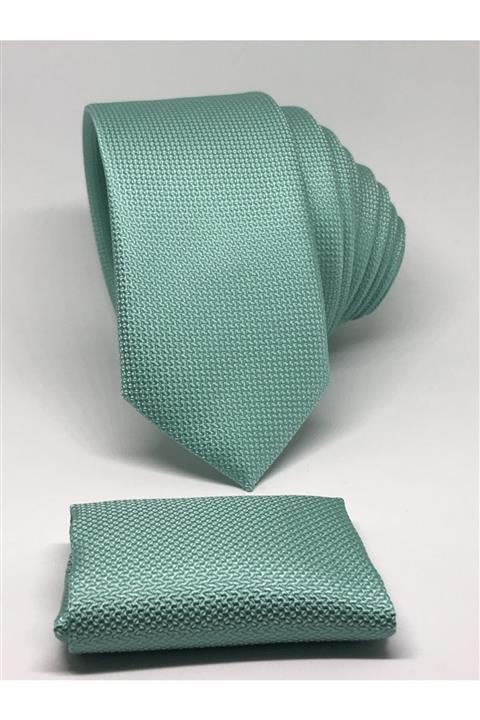 Kravat Gezegeni Su Yeşili Mendilli Slim Fit Oxford Kuş Gözü Desen Kravat