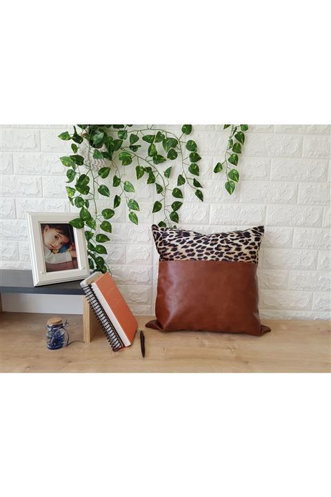 Saruhan Kahverengi Suni Deri Kırlent Leopar Desenli 45x45