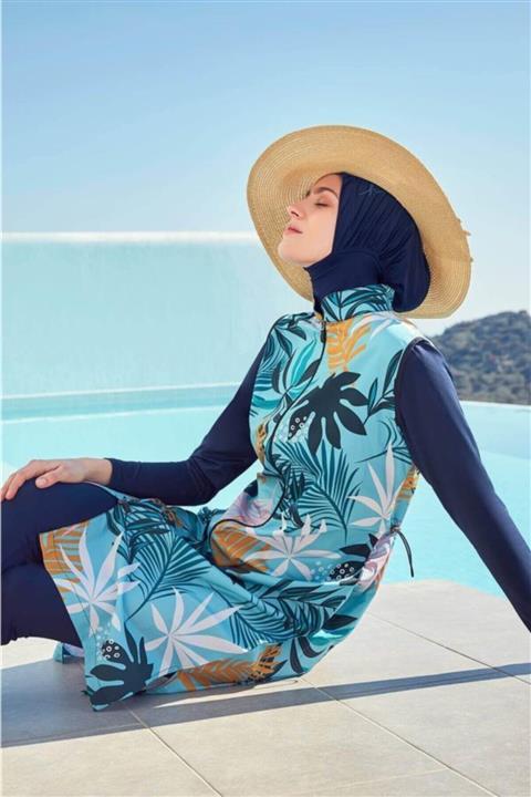 Haşema Mevsim Renkli Yaprak Desenli Yeşil Tesettür Mayo