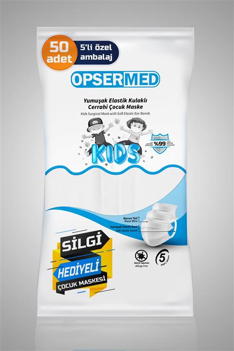 OPSERMED Yumuşak Elastik Kulaklı Meltblownlu Beyaz Çocuk Maskesi 5'li Paketli 50 Adet Maske