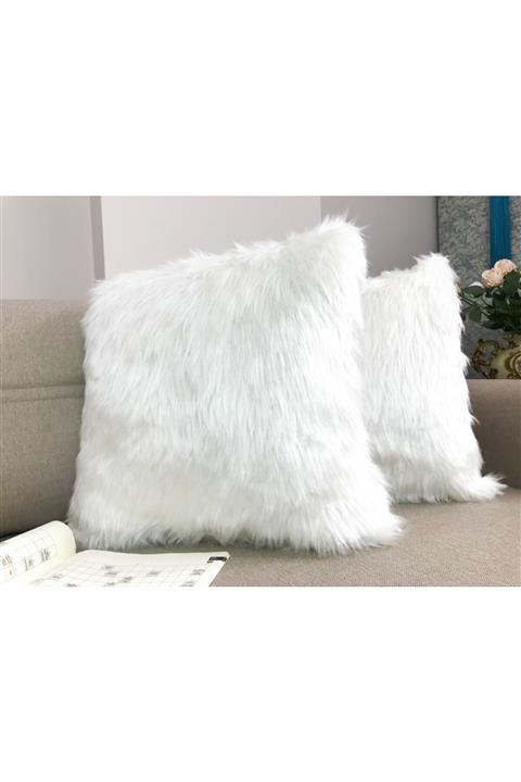 Kırlent Tasarım Peluş Kırlent Kılıfı Yıkanılabilir Uzun Tüylü Beyaz