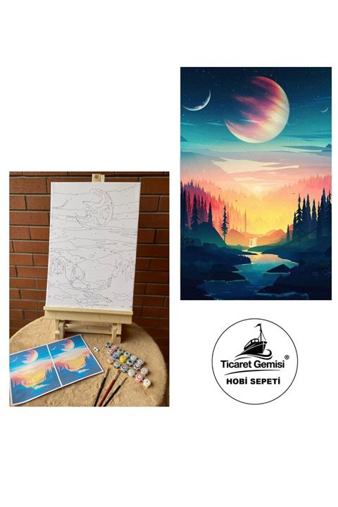 Hobi Sepeti Sayılarla Boyama Seti Fırça Hediyeli Pamuk Tuval Şeklinde Çerçeveli 35x50