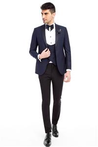 Kiğılı Erkek Lacivert Slim Fit Mono Yaka Desenli Smokin Damatlık