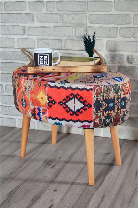 Sanal Mobilya VALENTE OVAL PUF TURUNCU KİLİM DESENLİ