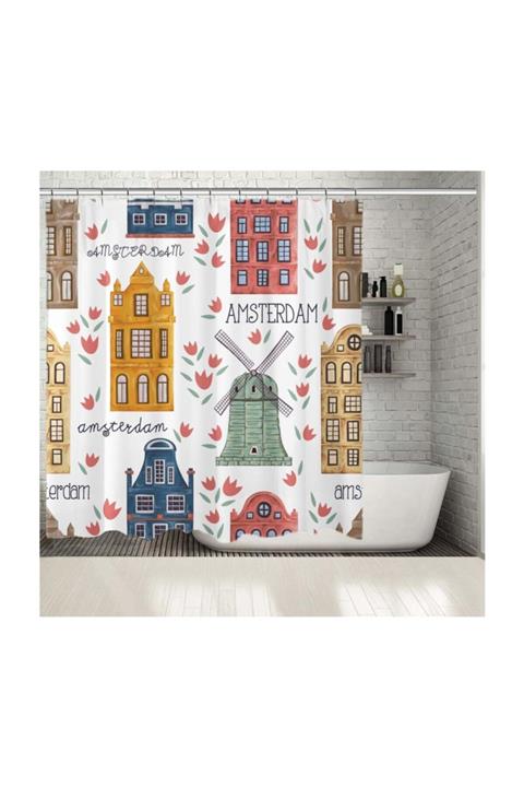 Henge Home Baskılı Duş Perde Amsterdam Evleri Desenli Sarı Kırmızı Mavi