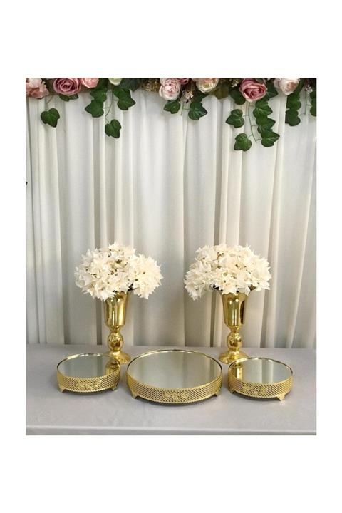 Almila Nişan Organizasyon Gold Asya Sunum Masası Seti 3'lü Jardinyer Ve 2 Metal Vazo Organizasyon Takımı