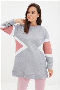 Trendyol Modest Gri Bisiklet Yaka Renk Bloklu Örme Sweatshirt TCTAW22TW0092