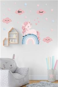 BK Decor Gökkuşağı Üzerindeki Pembe Unicorn Ve Gökyüzü Çocuk Odası Duvar Sticker