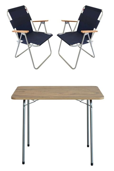 Bofigo 60x80 Çam Katlanır Masa + 2 Adet Katlanır Sandalye Kamp Seti Bahçe Balkon Takımı Lacivert