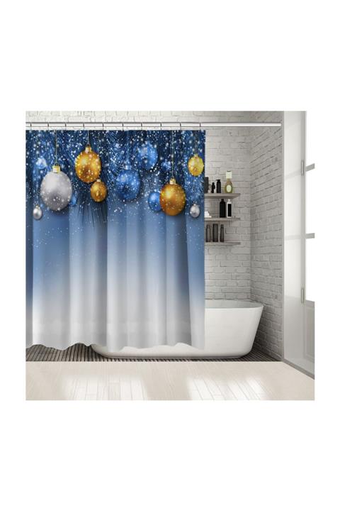 Henge Home Baskılı Duş Perde Hediye Noel Dekorasyonlu İle Yılbaşı Topları Mavi