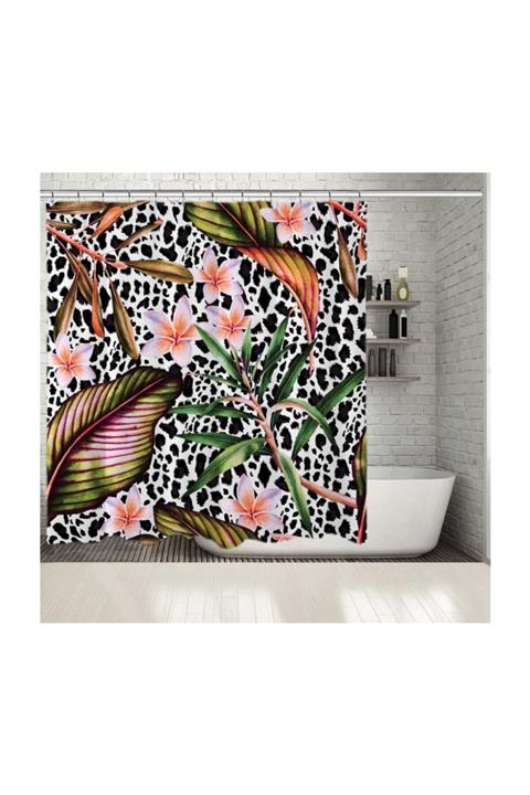 Henge Home Baskılı Duş Perde Leopar Desen Arka Plan Çiçek Ve Yaprak Desenli