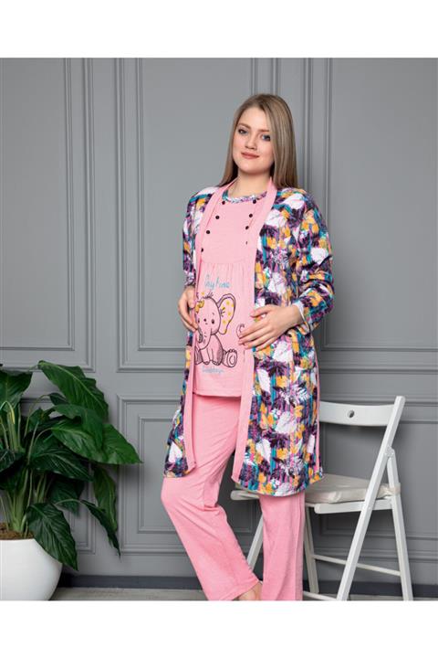 STRAWBERRY PAMUKLU HAMİLE SABAHLIKLI PİJAMA TAKIM