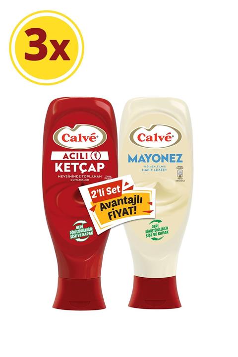 Calve Acılı Ketçap 600 gr + Yağı Azaltılmış Mayonez 540 gr Set x 3 Adet