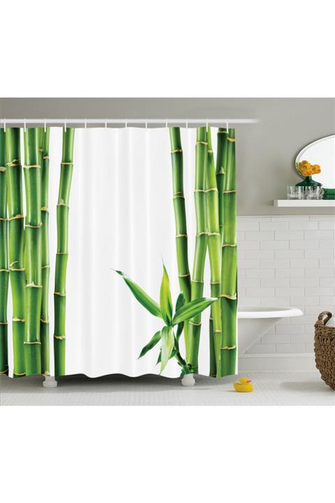 Orange Venue Ağaçlar Duş Perdesi Bambu ve Yaprak Desenli Rengirenk