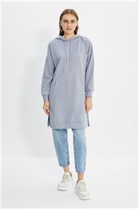 Trendyol Modest Gri Yandan Yırtmaçlı Kapüşonlu Örme Sweatshirt TCTAW22TW0006