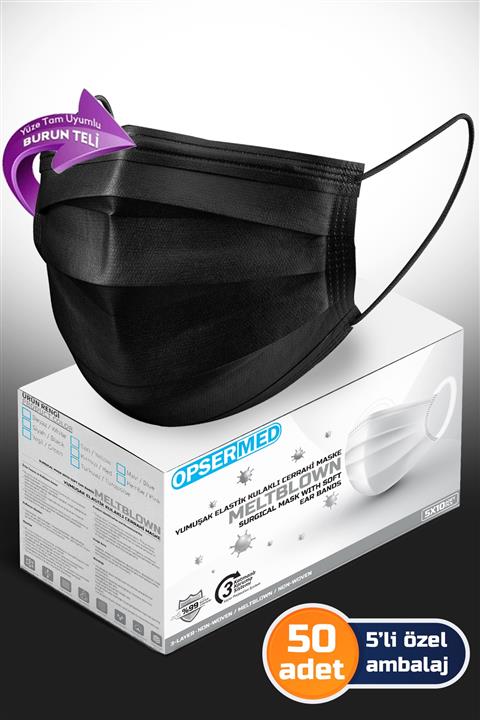 OPSERMED Hijyenik 5li Poşetli 3 Katlı Meltblownlu Burun Telli Cerrahi Maske 50'li (ELASTİK İPLİ) Siyah