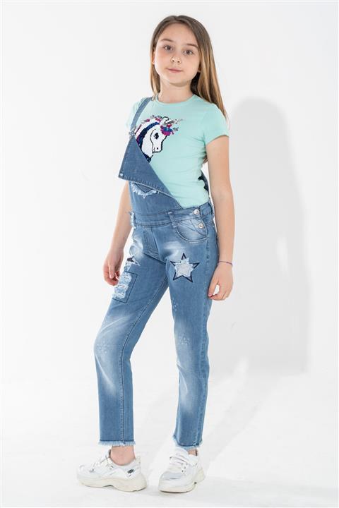 zepkids Kız Çocuk Mavi Pullu Yıldız Nakışlı Pantolon Salopet