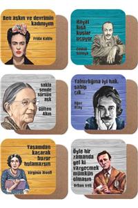 Hayat Poster Orhan Veli, Cemal Süreya, V. Woolf, Oğuz Atay, G. Akın 6lı Ahşap Bardak Altlığı Seti