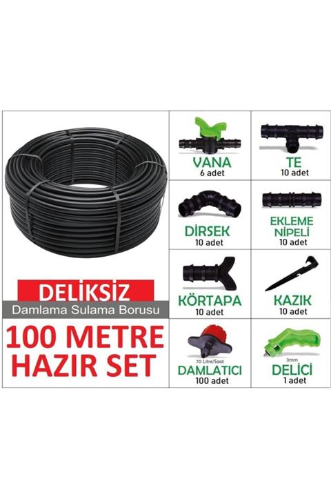 Edoplast Deliksiz Düz 100 Metre Damla Sulama Sistemi Ve Ek Parçaları Damlama Borusu Hortumu Bahçe Ağaç Seti