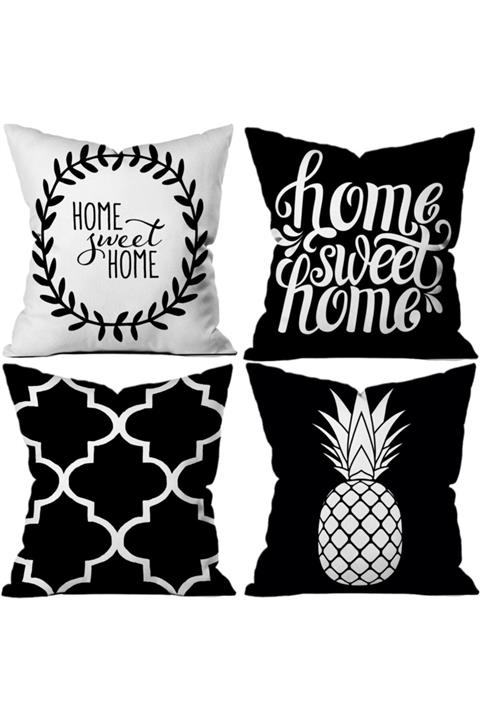SWEET HOME ARTS Siyah 4'lü Yastık Kırlent Kılıf Seti