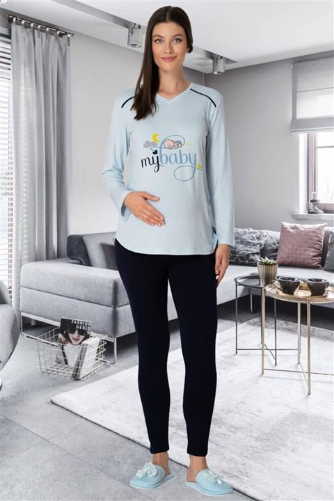 Mecit Pijama Mecit 5345 Hamile Baskılı Mavi Tişört-tayt Takım