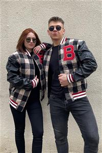 PUMP BUTİK Unisex Siyah Ekoseli B Nakışlı Oversize Kolej Ceket